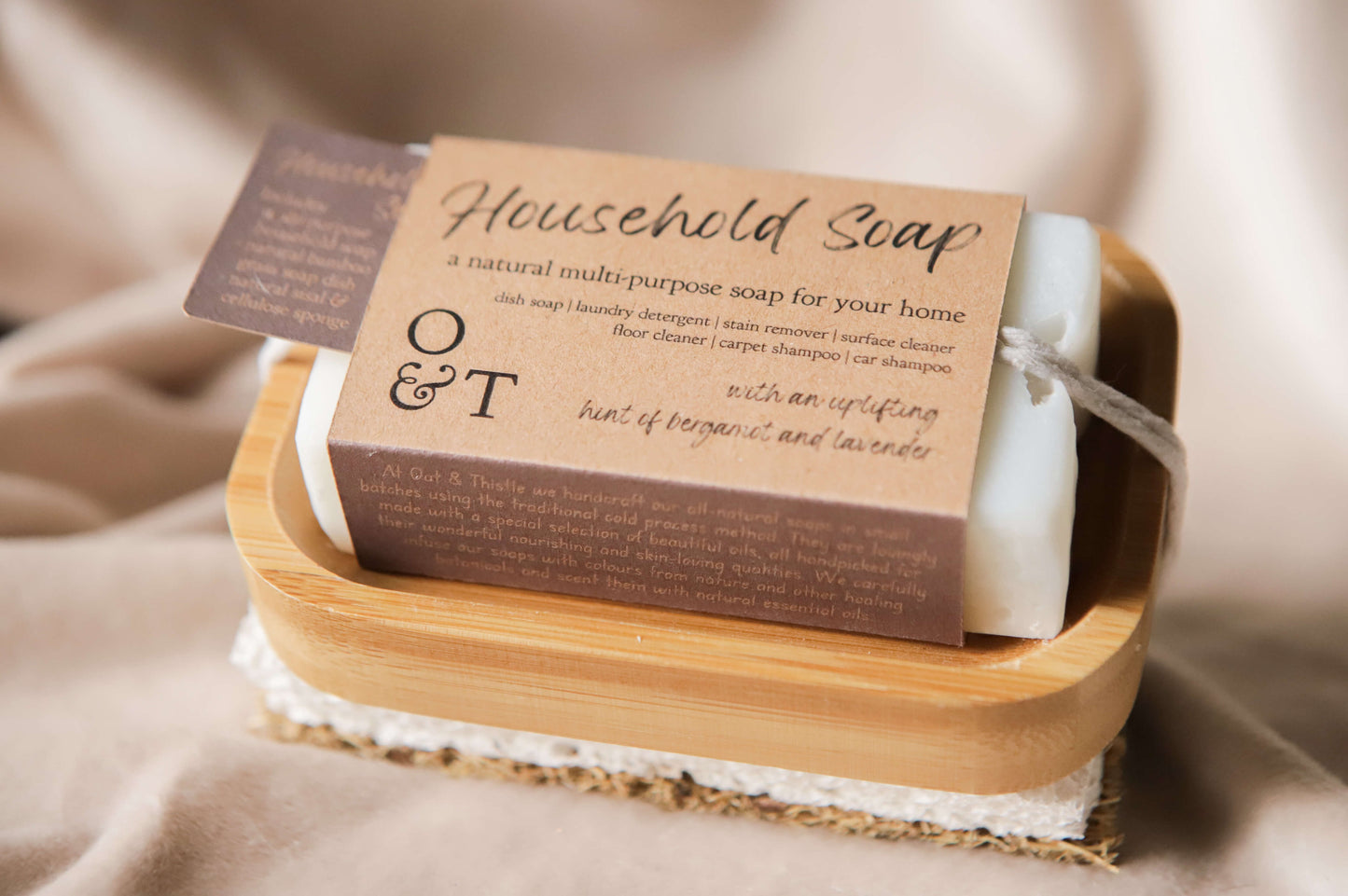 Household soap set, with soap, bamboo soap dish, eco sponge and scourer