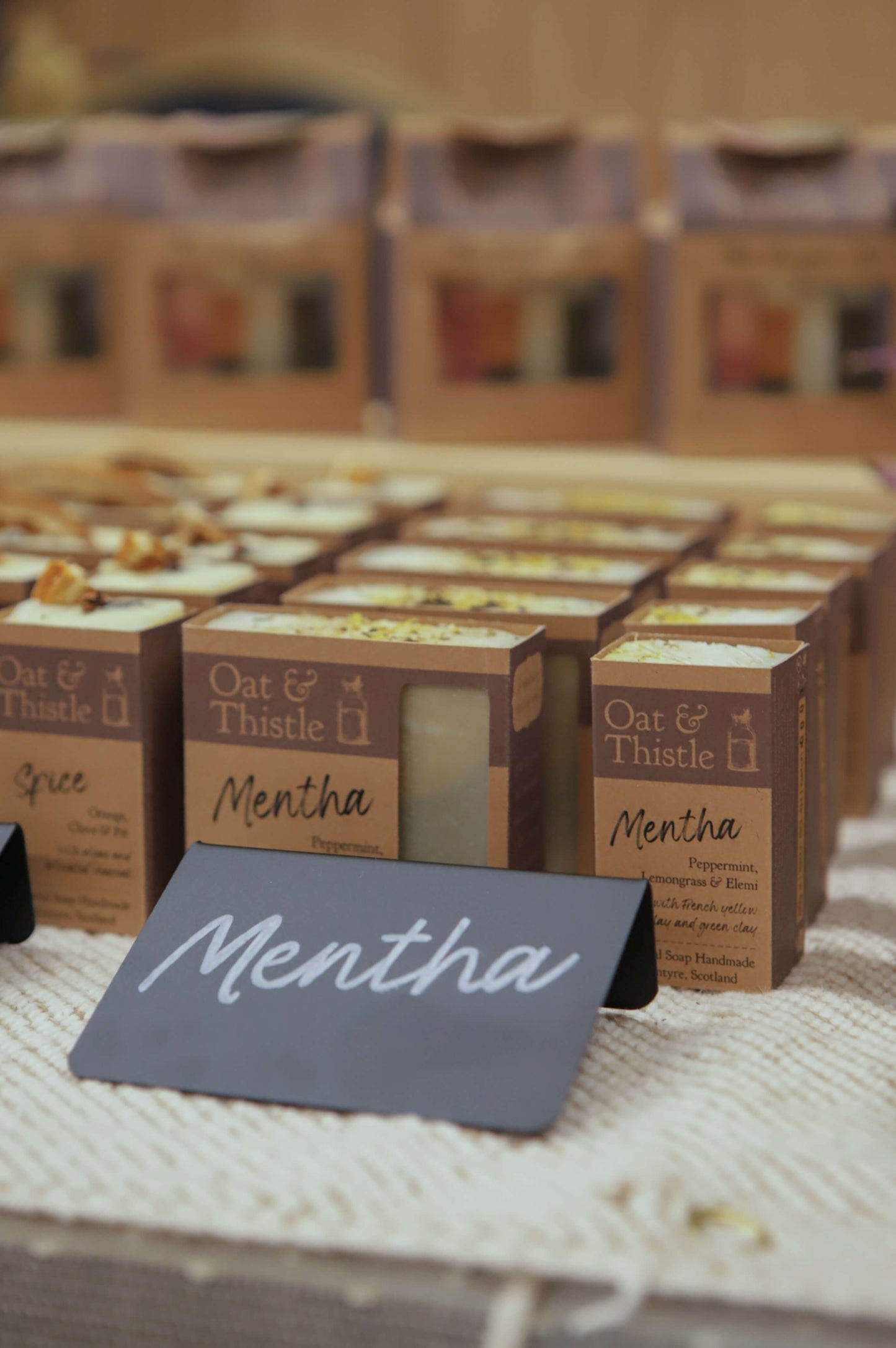 Mentha soap in packaging on market table