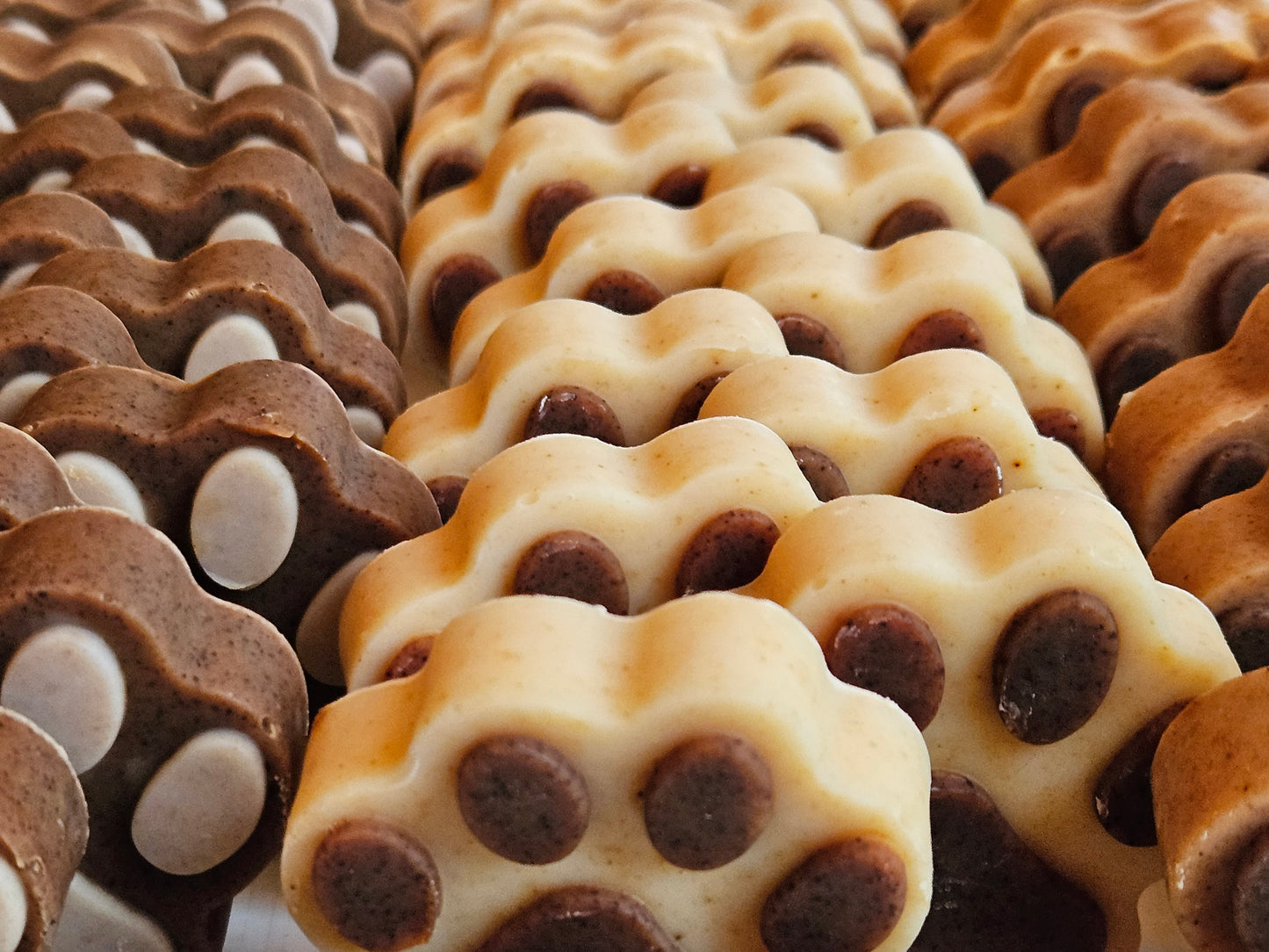rows and rows of three coloured dog soap