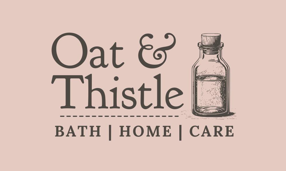 Oat & Thistle full soft pink background logo with brown text, Oat & Thistle — Bath | Home | Care