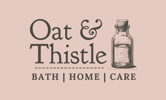 Oat & Thistle full soft pink background logo with brown text, Oat & Thistle — Bath | Home | Care