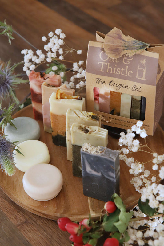 The origin soap discovery set in beautiful gift box, 6 thin soaps from the origin collection, also 3 of our lotion bars