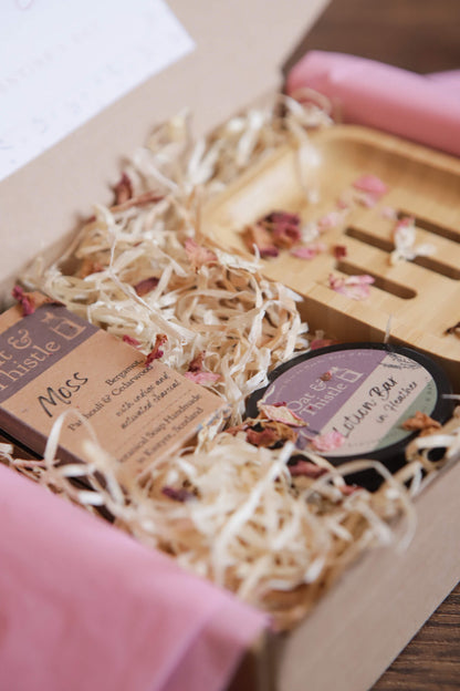 gift hamper filled with oat and thistle products 