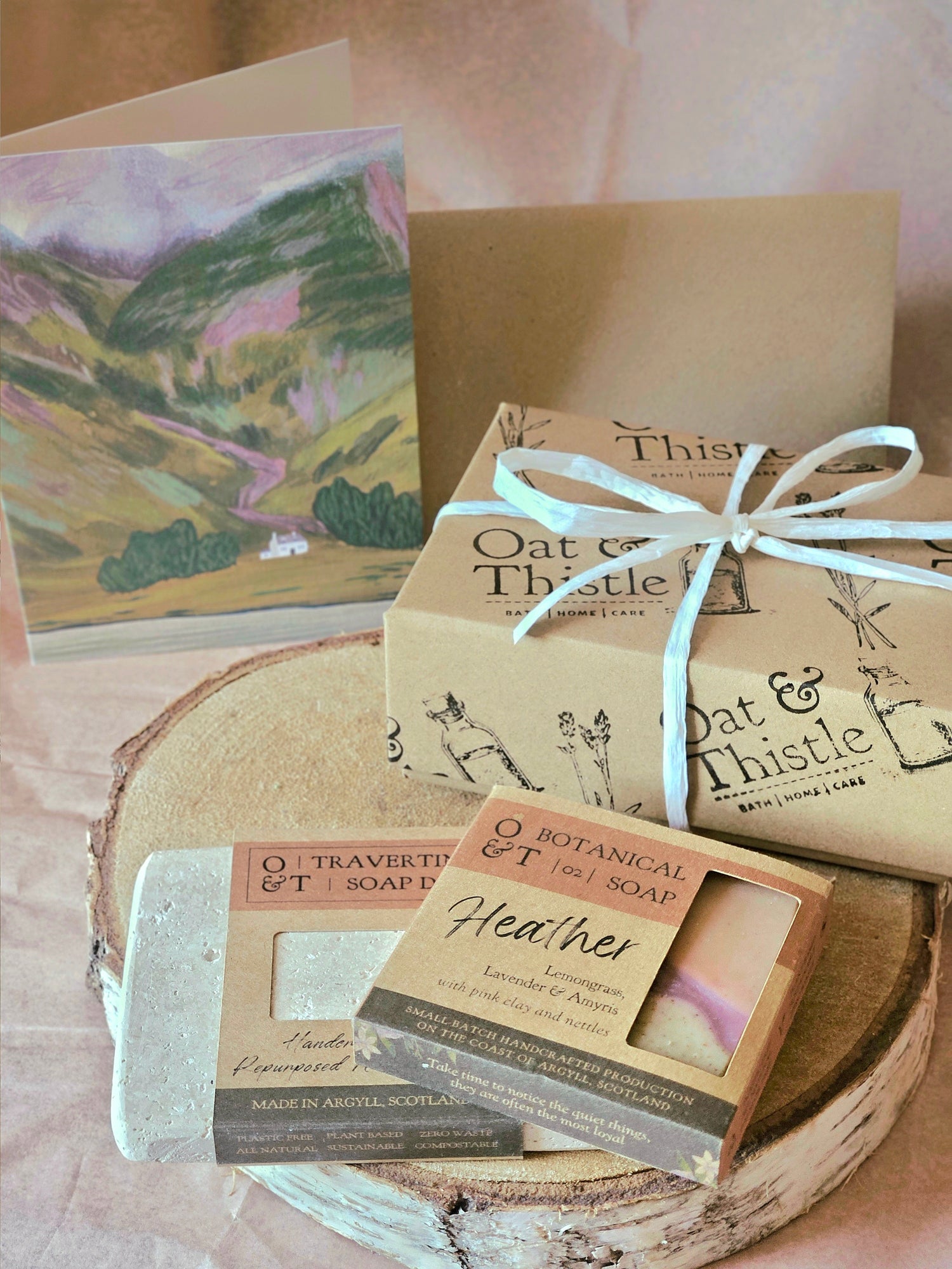 gift set with half soap, travertine soap dish and greeting card