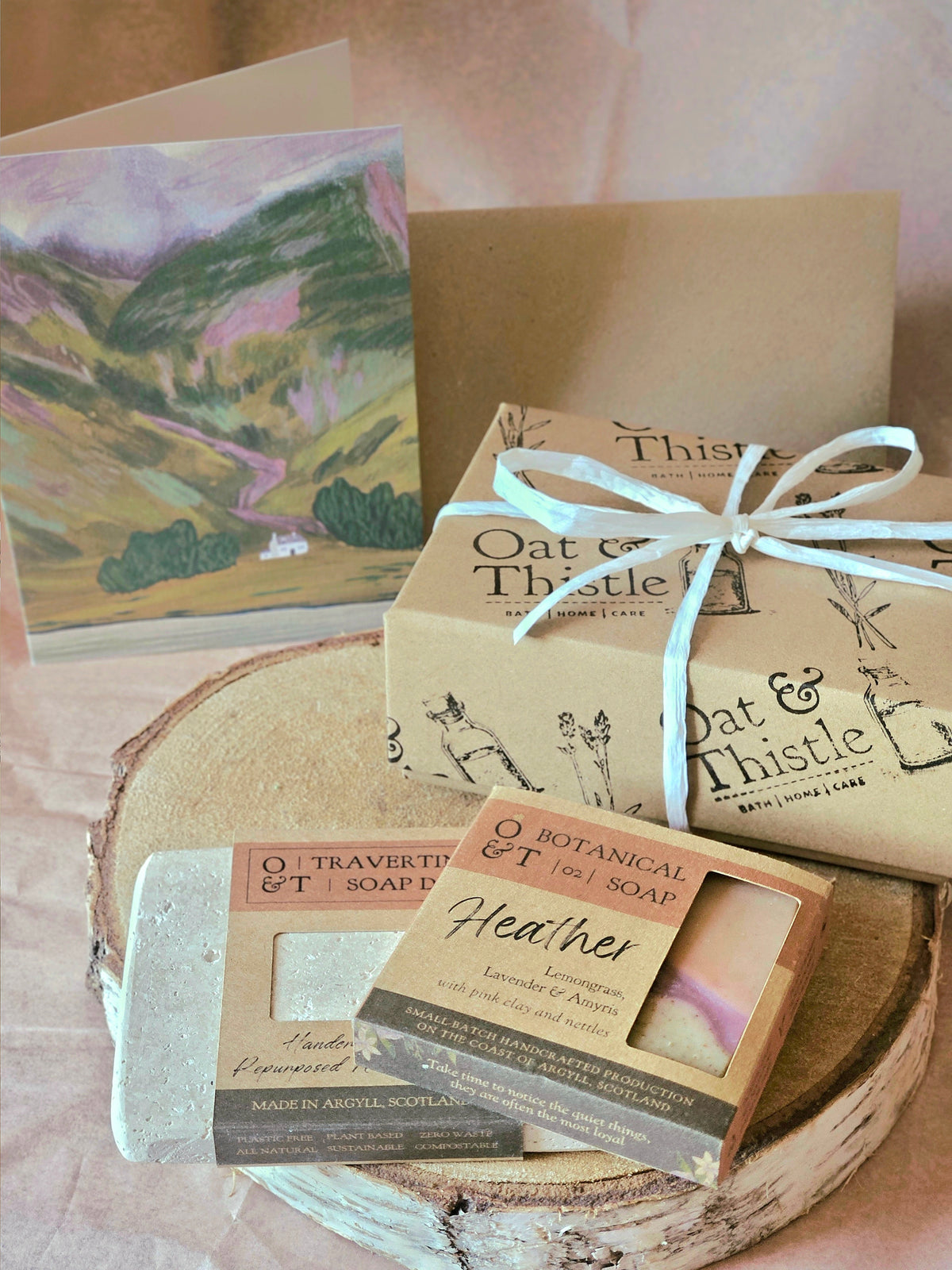 gift set with half soap, travertine soap dish and greeting card