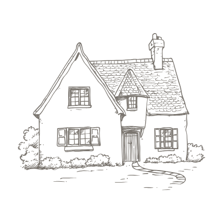 line drawing of old cottage