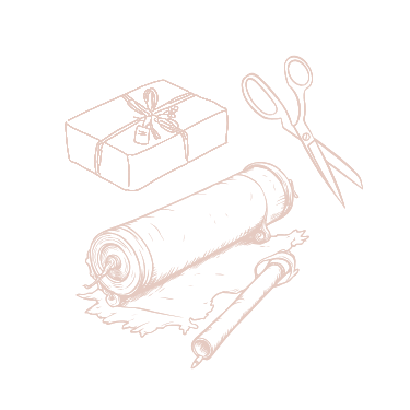 line drawing of gift, scissors and wrapping paper