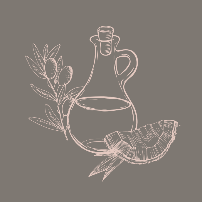 line drawing of oil jug with coconut oil and olive branch