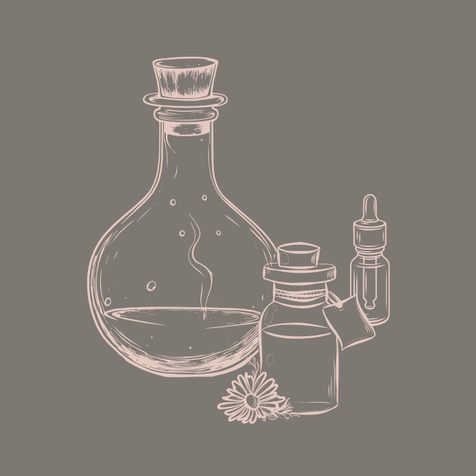 apothecary jars and pipettes with oil in them