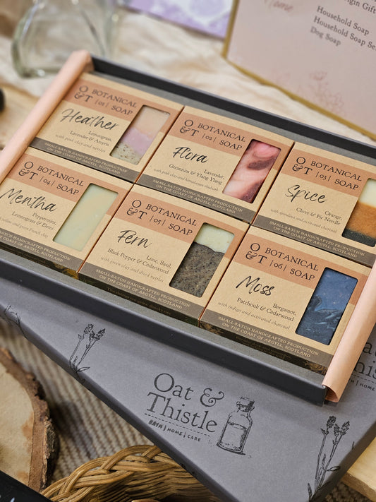 the oat & thistle origin gift box, our cold process soaps
