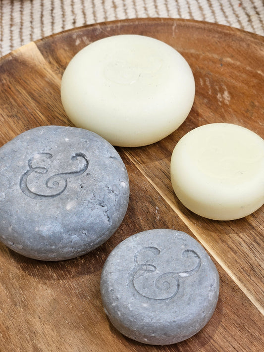 shampoo and conditioner bars in two sizes